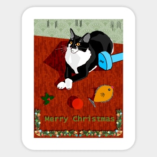 Cute Tuxedo cat Merry Catmas Christmas Weighting for Xmas  Copyright TeAnne Sticker